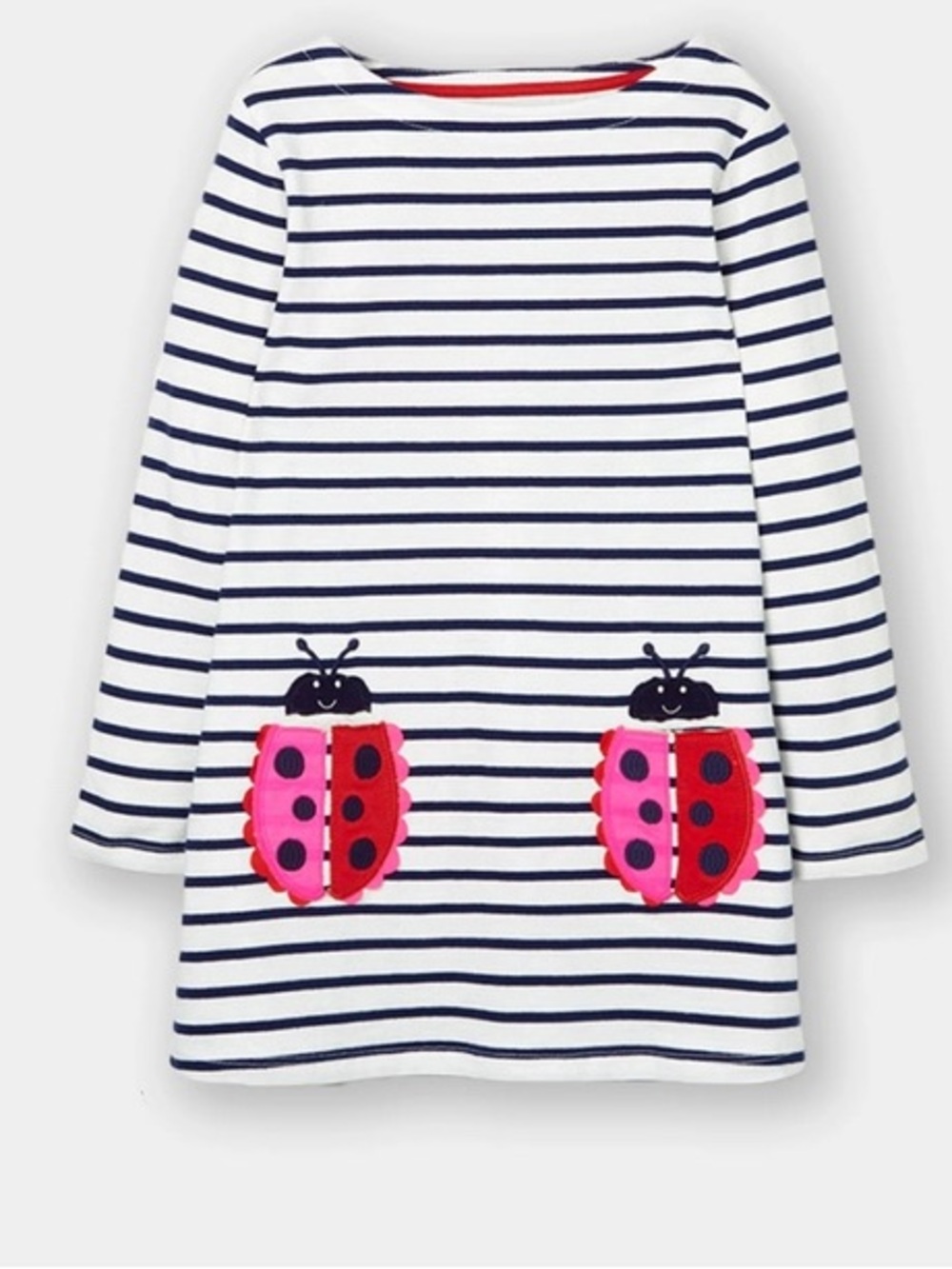 Mini Boden Striped Long Sleeve Ladybug Pocket Appliqué Dress EUC